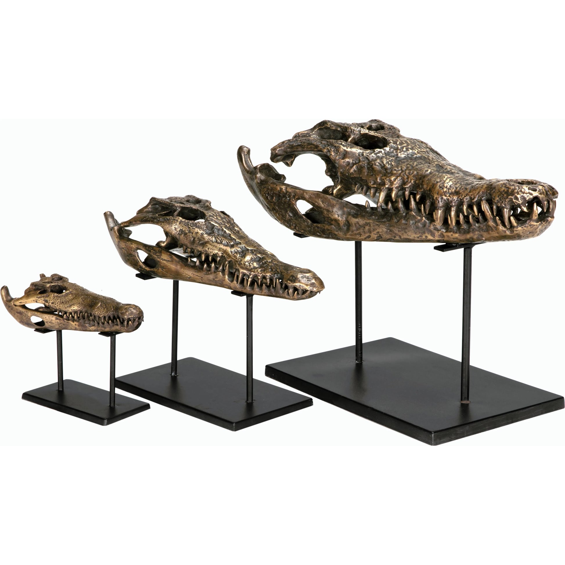Brass Alligator on Stand by Noir in antique brass with matte black base. Made from metal alloy with industrial steel base in a modern style.