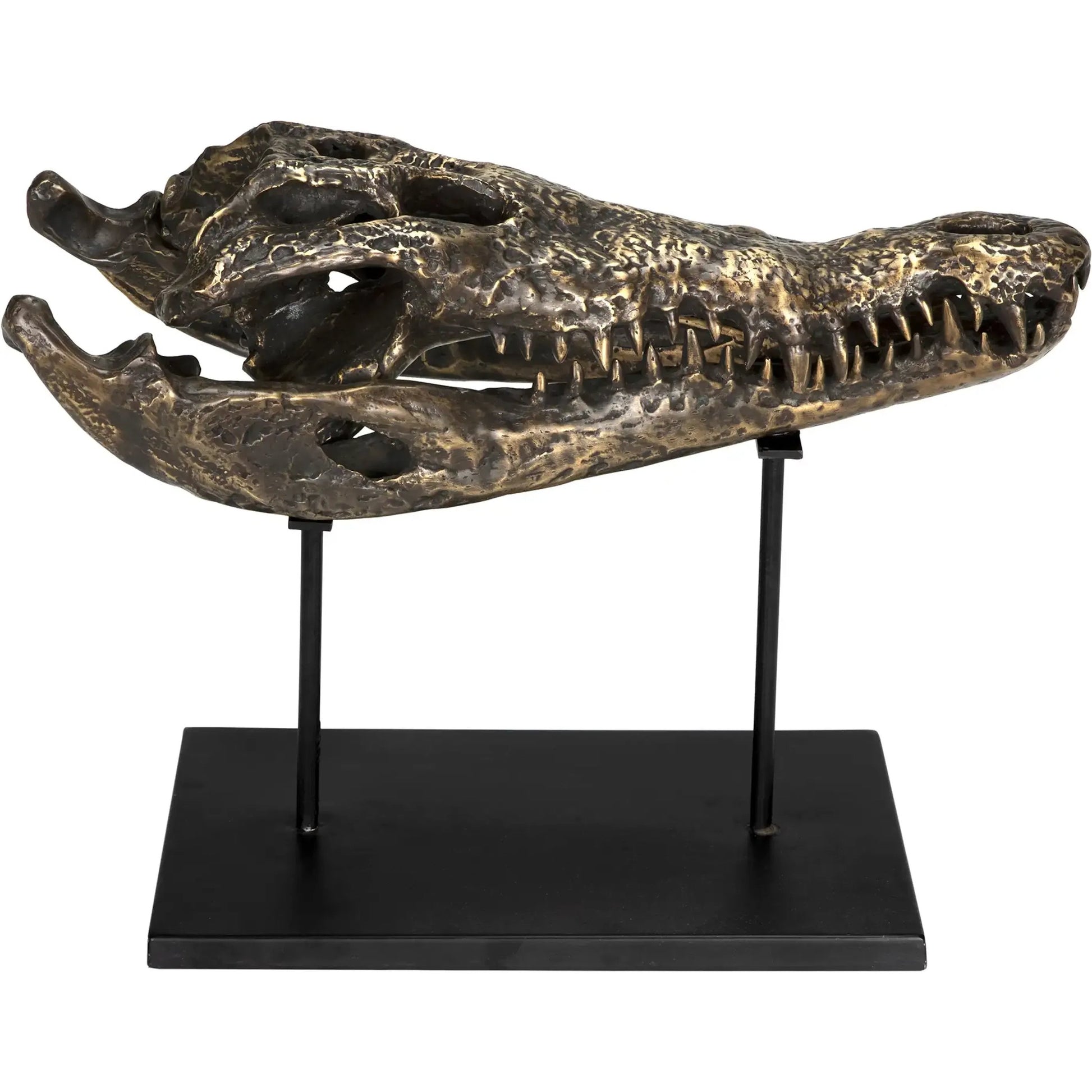 Brass Alligator on Stand by Noir in antique brass with matte black base. Made from metal alloy with industrial steel base in a modern style.