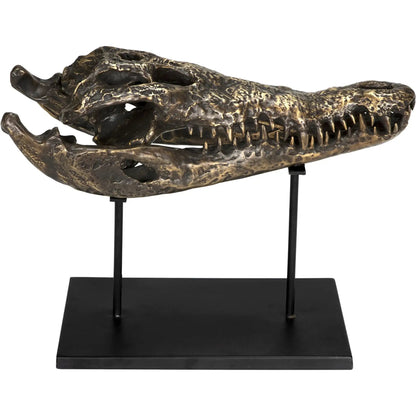 Brass Alligator on Stand by Noir in antique brass with matte black base. Made from metal alloy with industrial steel base in a modern style.