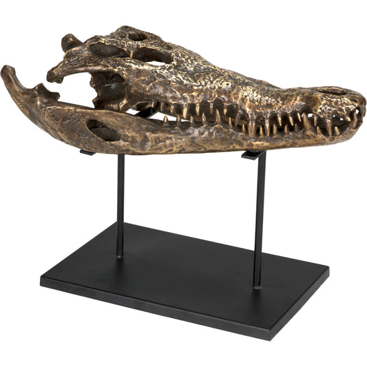 Brass Alligator on Stand by Noir in antique brass with matte black base. Made from metal alloy with industrial steel base in a modern style.