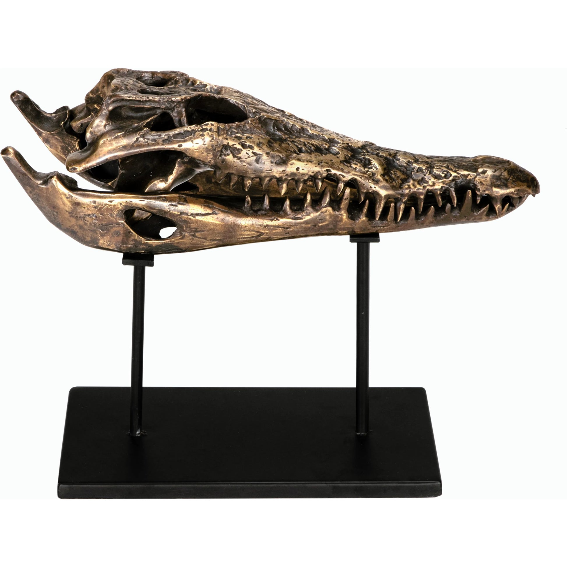 Brass Alligator on Stand by Noir in antique brass with matte black base. Made from metal alloy with industrial steel base in a modern style.
