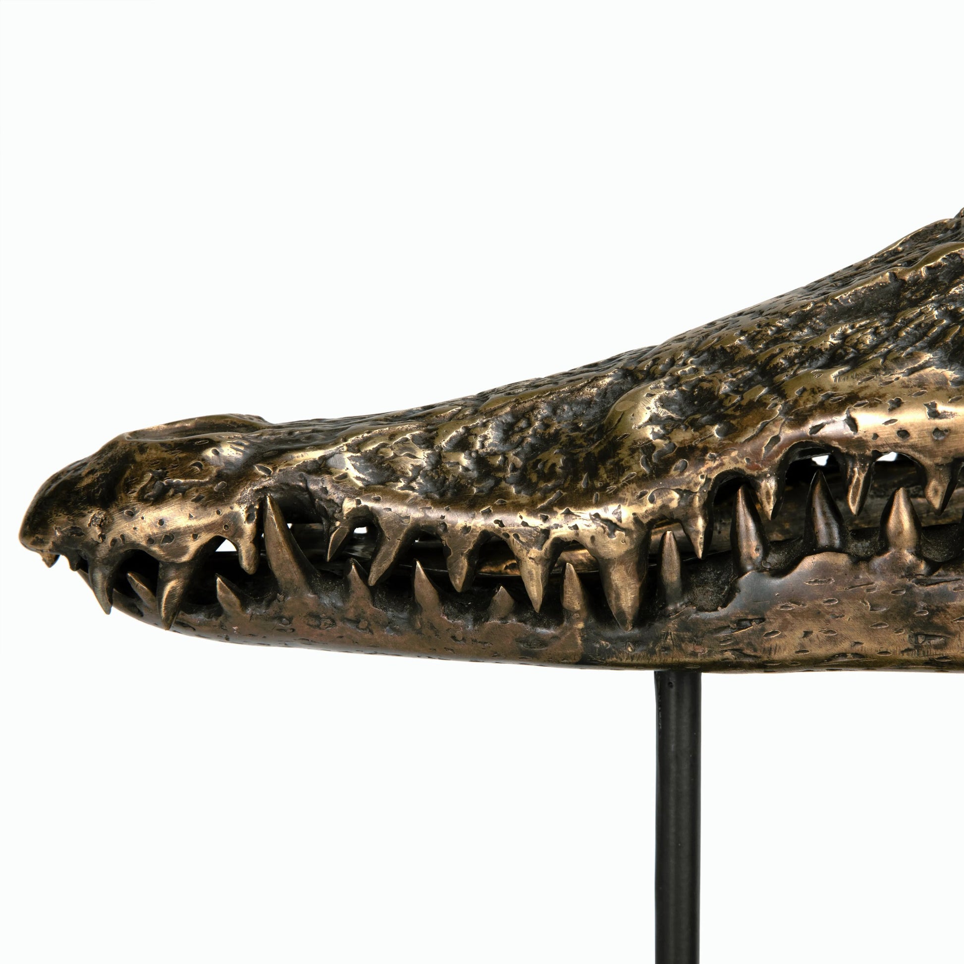 Brass Alligator on Stand by Noir in antique brass with matte black base. Made from metal alloy with industrial steel base in a modern style.