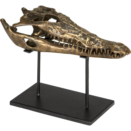 Brass Alligator on Stand by Noir in antique brass with matte black base. Made from metal alloy with industrial steel base in a modern style.