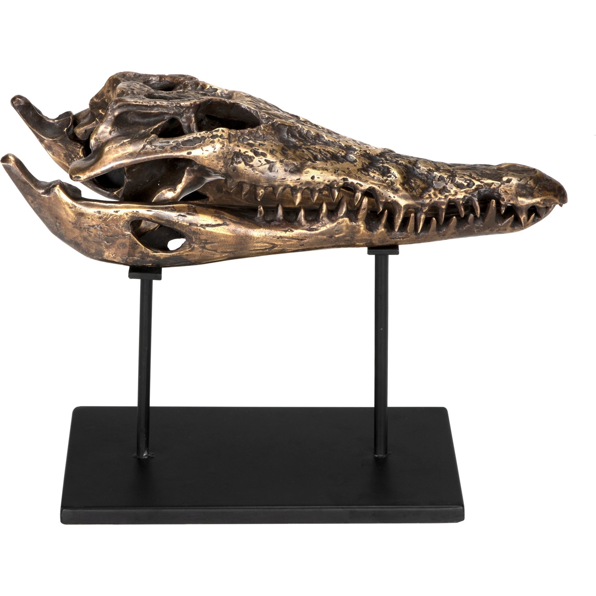 Brass Alligator on Stand by Noir in antique brass with matte black base. Made from metal alloy with industrial steel base in a modern style.