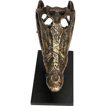 Brass Alligator on Stand by Noir in antique brass with matte black base. Made from metal alloy with industrial steel base in a modern style.