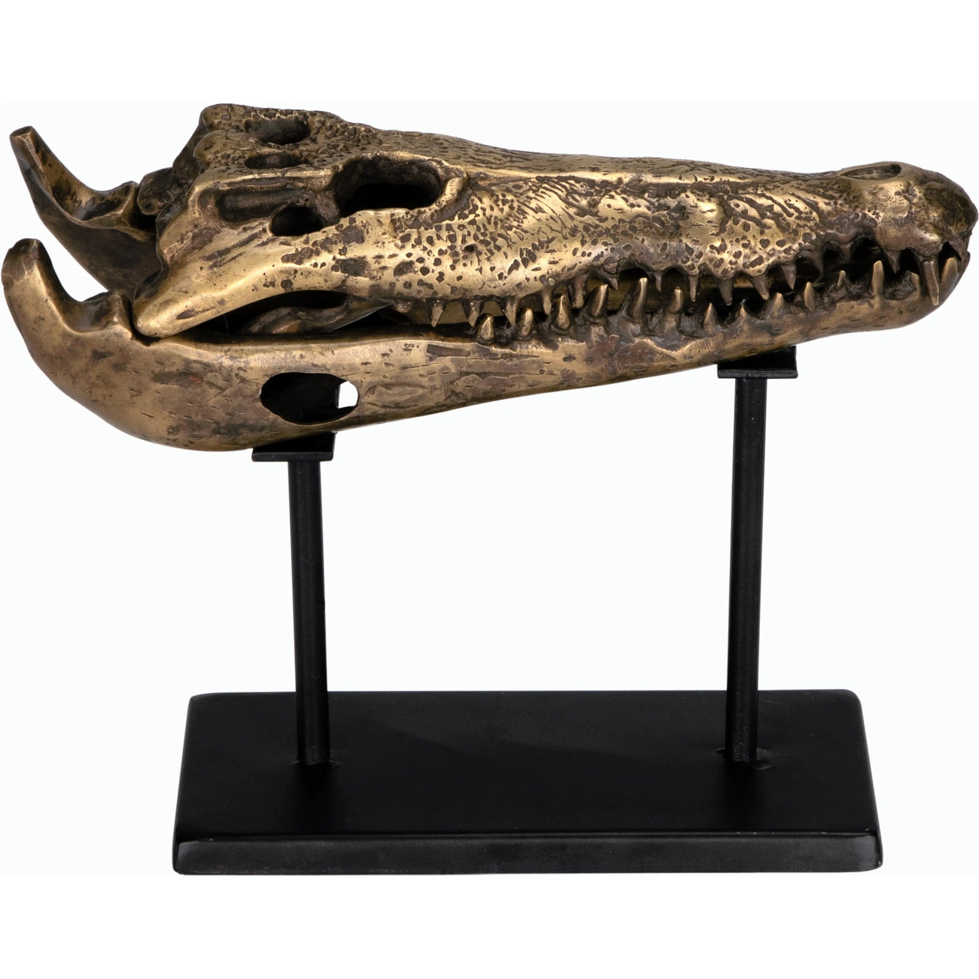Brass Alligator on Stand by Noir in antique brass with matte black base. Made from metal alloy with industrial steel base in a modern style.