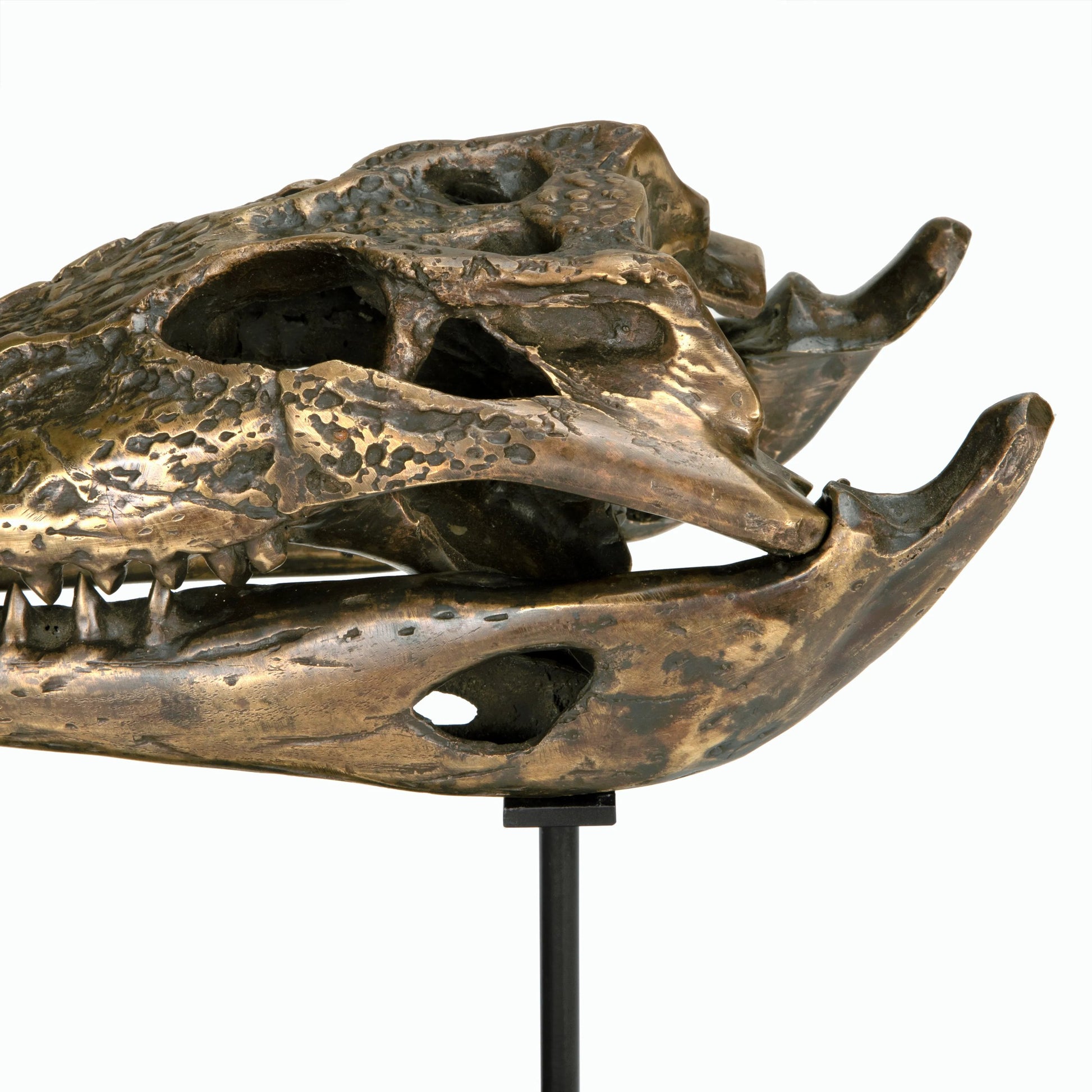 Brass Alligator on Stand by Noir in antique brass with matte black base. Made from metal alloy with industrial steel base in a modern style.