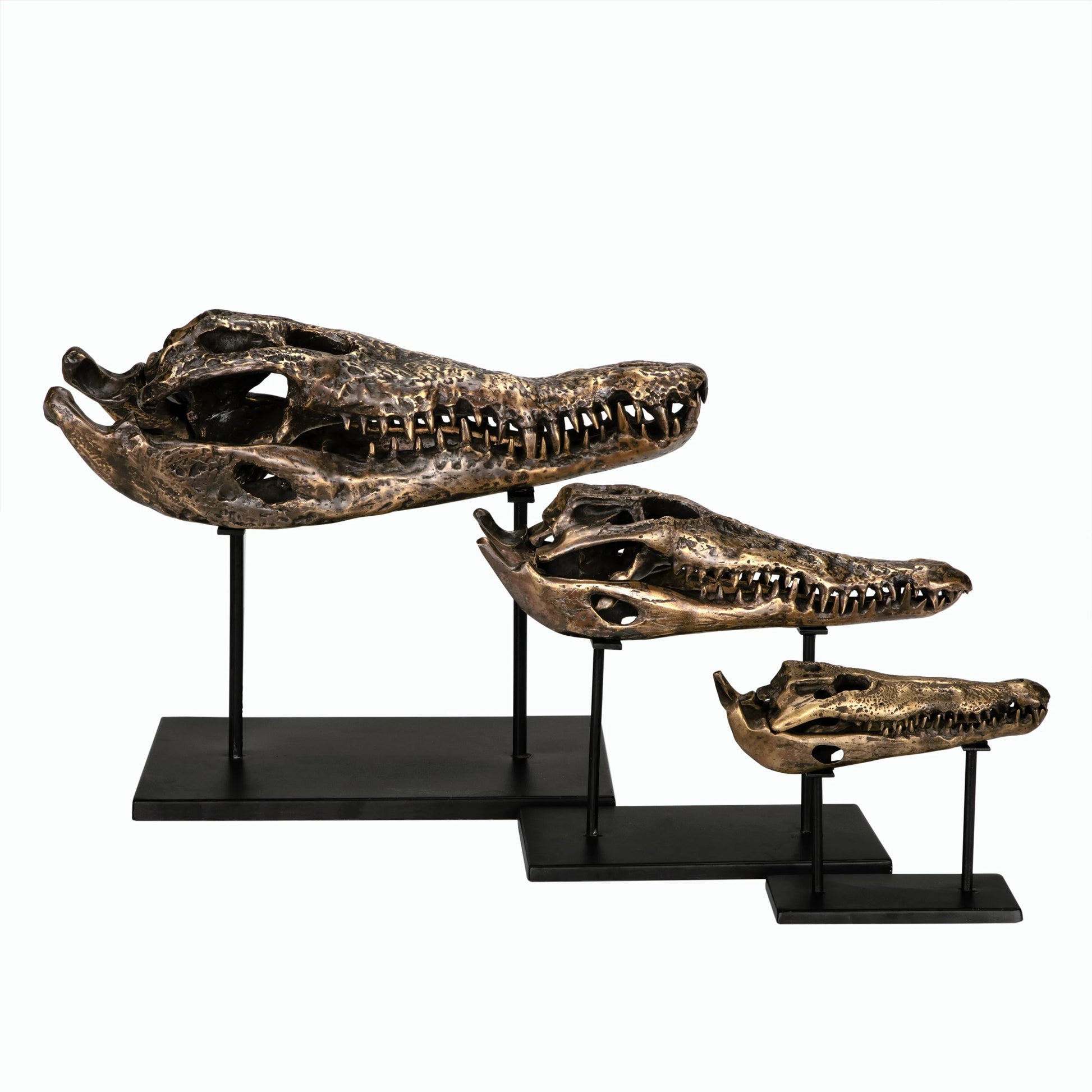 Brass Alligator on Stand by Noir in antique brass with matte black base. Made from metal alloy with industrial steel base in a modern style.