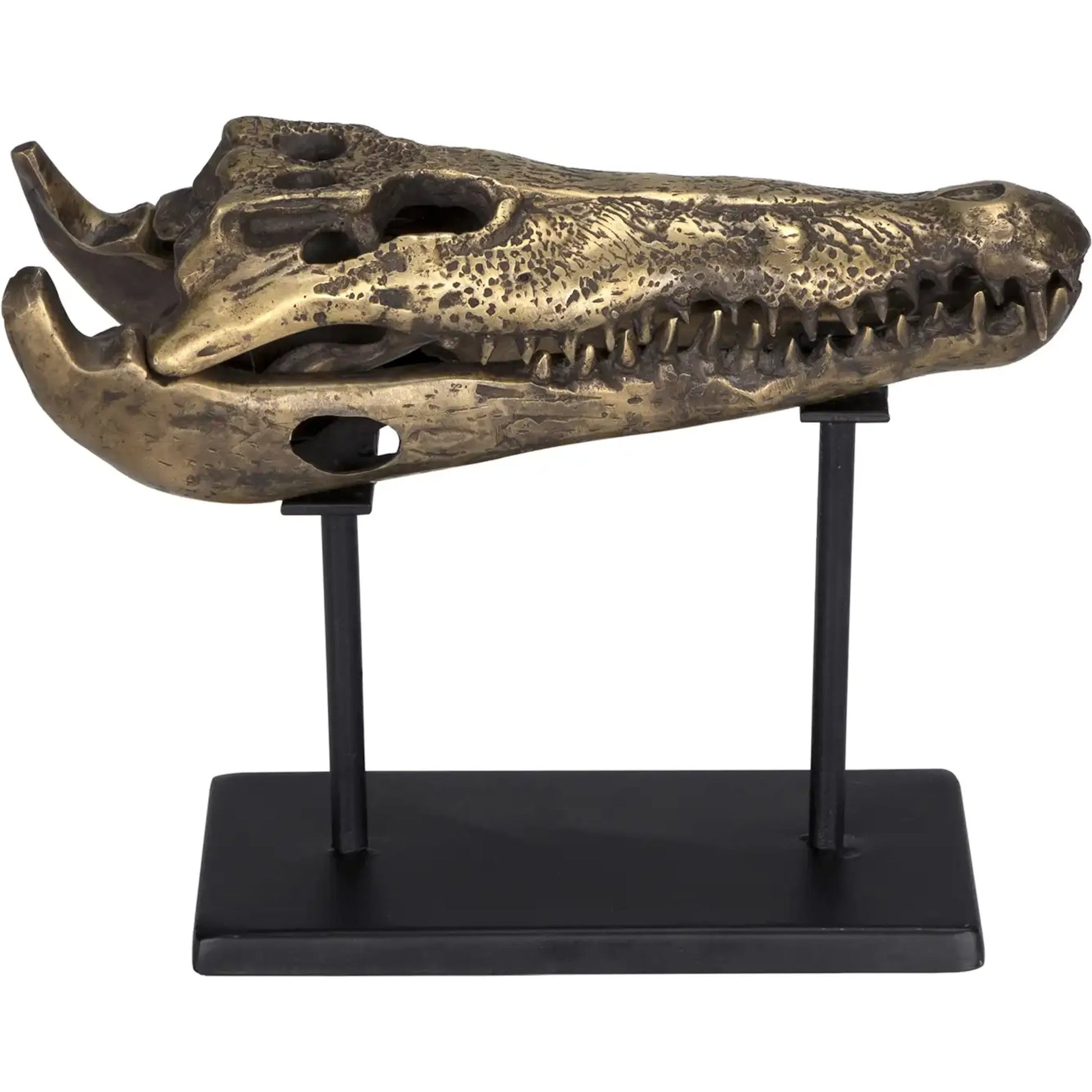 Brass Alligator on Stand by Noir in antique brass with matte black base. Made from metal alloy with industrial steel base in a modern style.