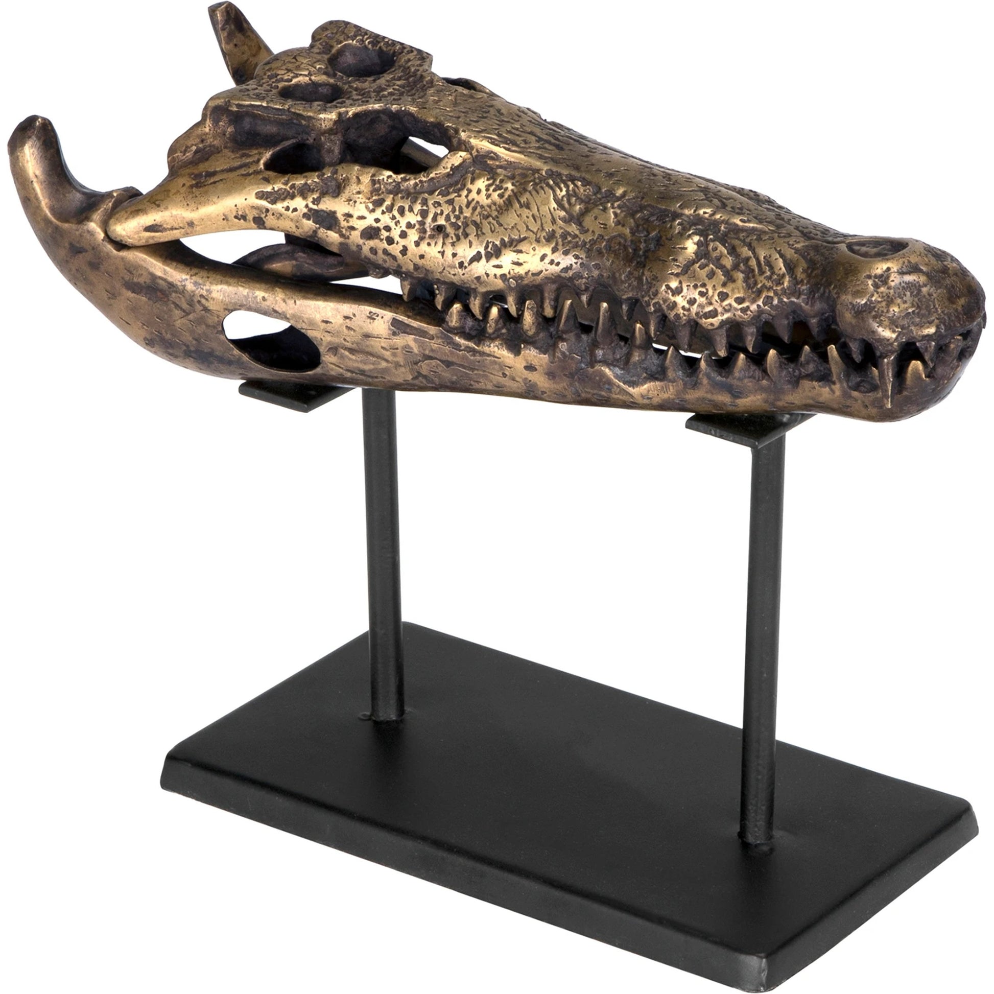 Brass Alligator on Stand by Noir in antique brass with matte black base. Made from metal alloy with industrial steel base in a modern style.