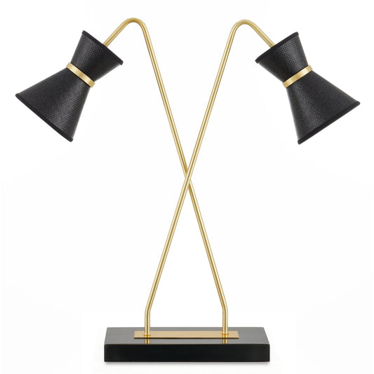 Avignon Desk Lamp by Currey and Company in polished brass, oil rubbed bronze, black. Made from metal, paper in a modern style.