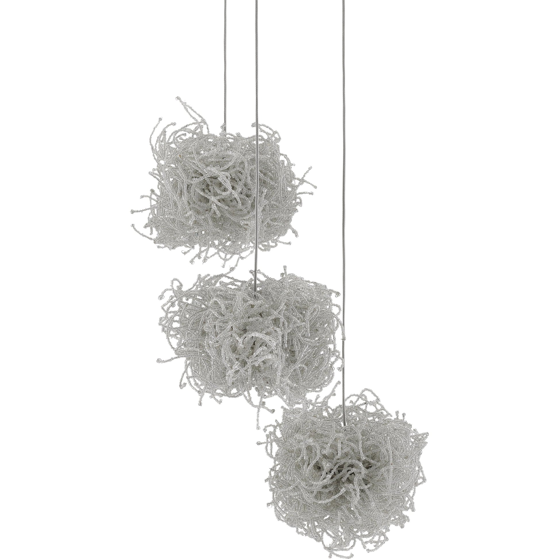 Birds Nest Pendant by Currey and Company in painted silver, clear. Made from metal, glass bead in a modern style.