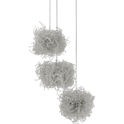 Birds Nest Pendant by Currey and Company in painted silver, clear. Made from metal, glass bead in a modern style.