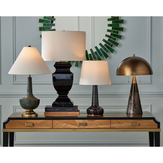 Balustrade Table Lamp by Currey and Company in distressed light black. Made from metal in a modern style.
