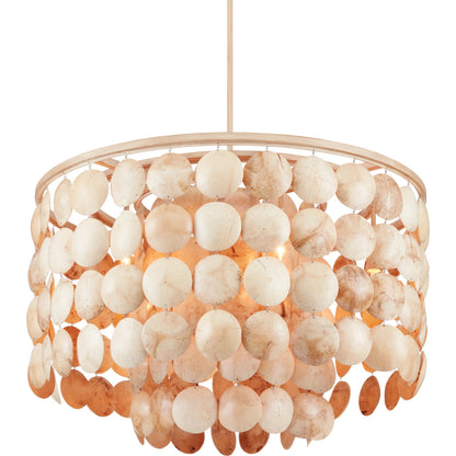 Buko Chandelier by Currey and Company in coco cream. Made from wrought iron, coco shell in a coastal style.