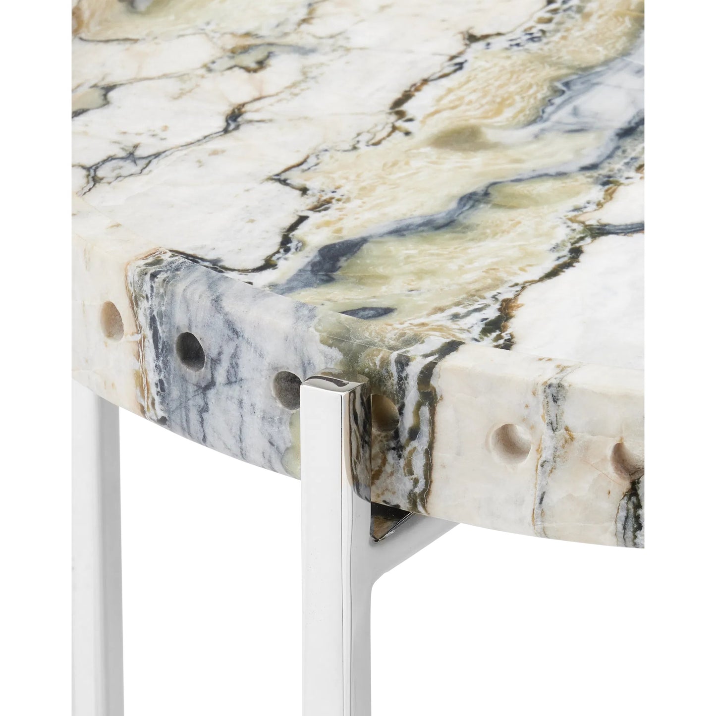 005 SI-2387036 | Closeup | Freya Floral Jade Marble Accent Table by Currey and Company in natural, nickel. Made from floral jade marble, iron in a modern style.