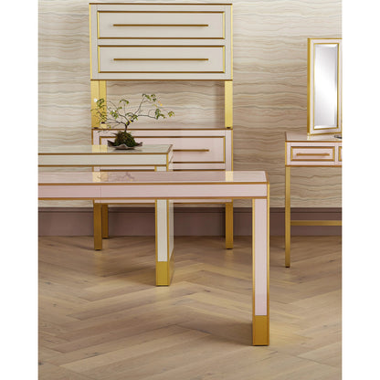 Arden Console Table by Currey and Company in ivory, satin brass. Made from reverse painted glass, brass, solid hardwood in a modern style.