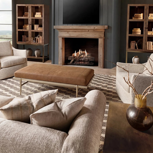 Melange Tobin Cocktail Ottoman by Hooker Furniture in brown and brown leather, champagne metal. Made from textured metal base, top grain leather in a unique style.