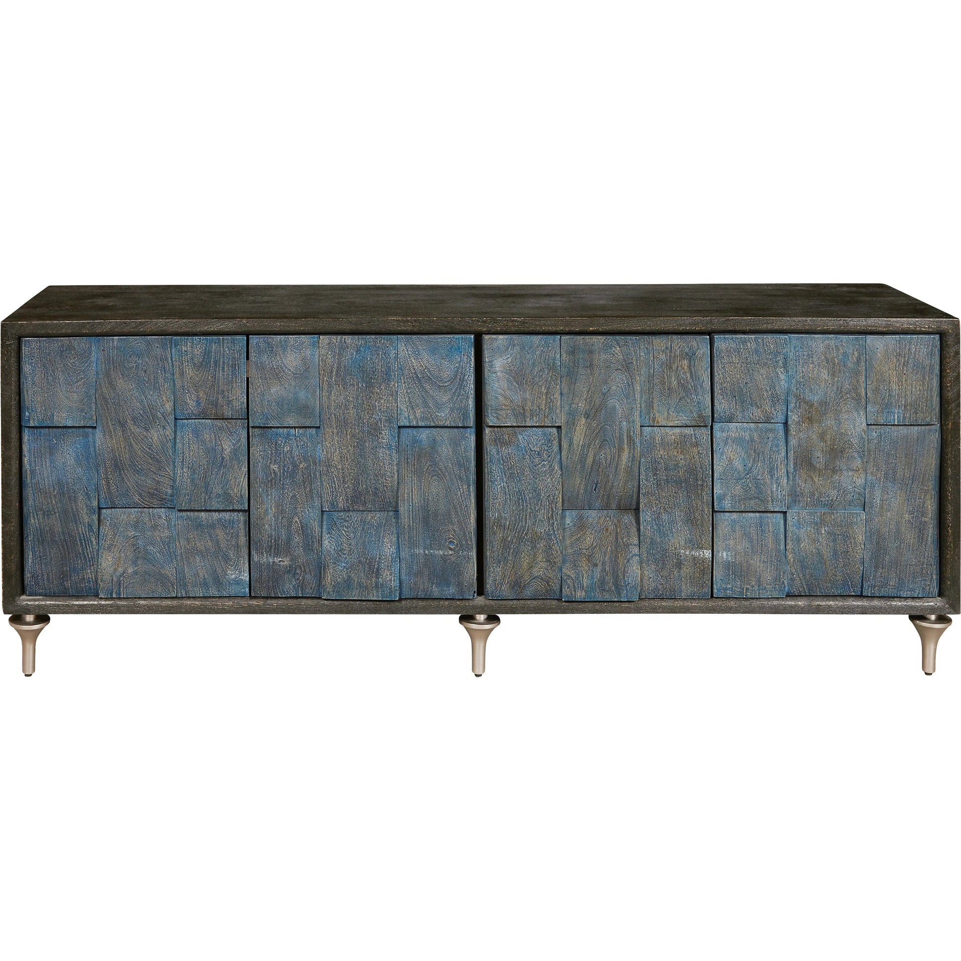 4-Door Entertainment Console by Pulaski Furniture in black, ocean blue. Made from mango veneers in a unique style.