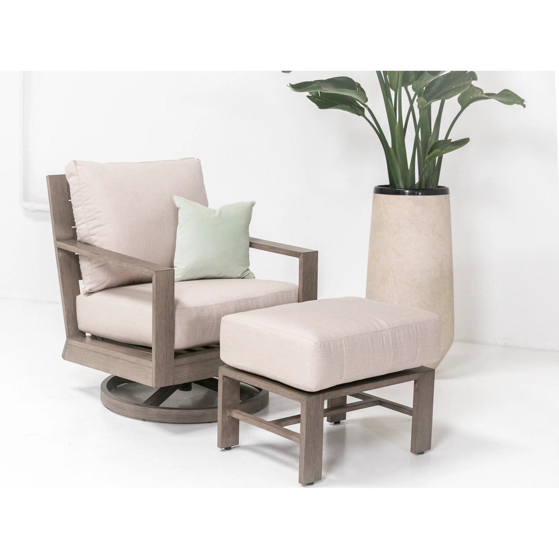 Laguna Outdoor Ottoman by Sunset West in driftwood. Made from aluminum in a modern style.