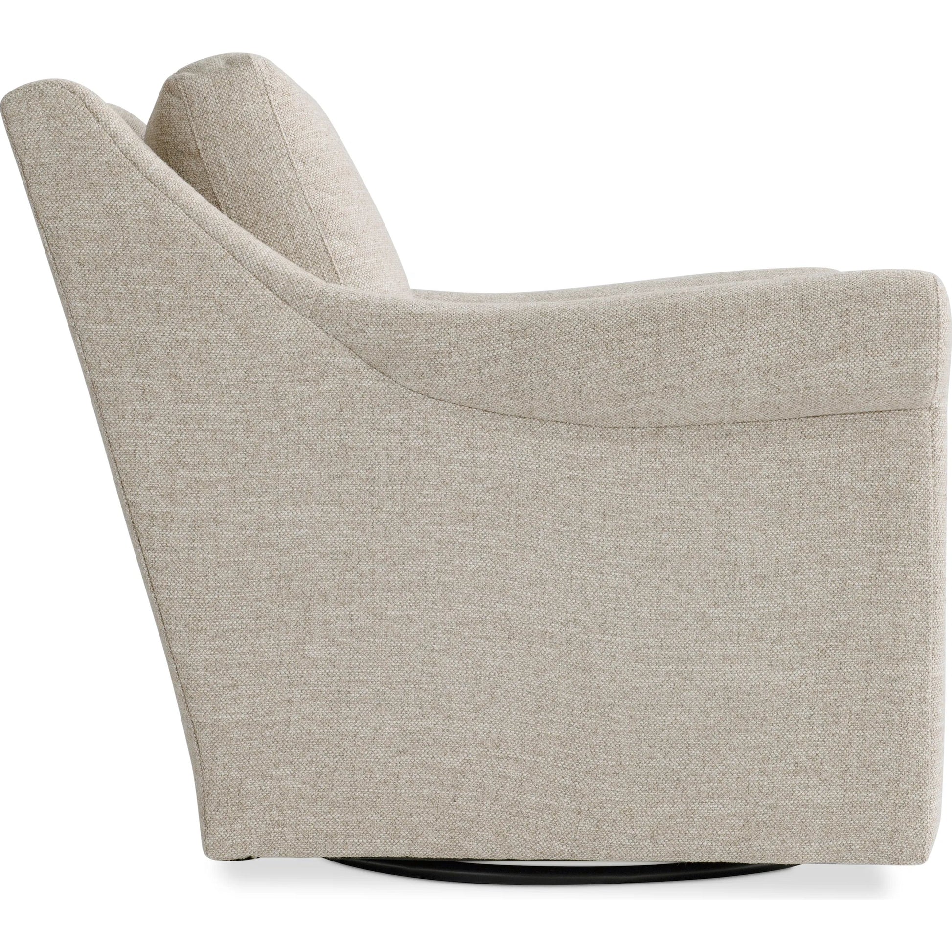 Keirnan Fabric Swivel Chair by Bernhardt in beige, tan. Made from polyfoam core, virgin polyester fibers, waterfowl feathers, waterfowl down in a transitional style.