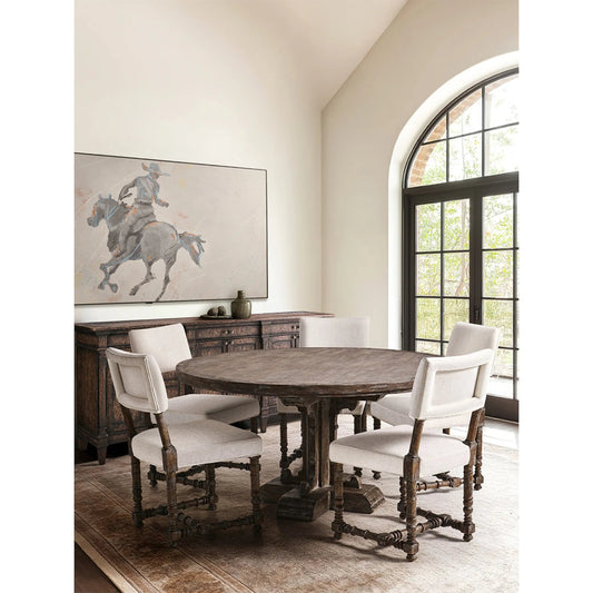 Caldera Oscura Upholstered Arm Chair (Set of 2) by Jonathan Charles in dark caldera walnut. Made from main acacia in a unique style.
