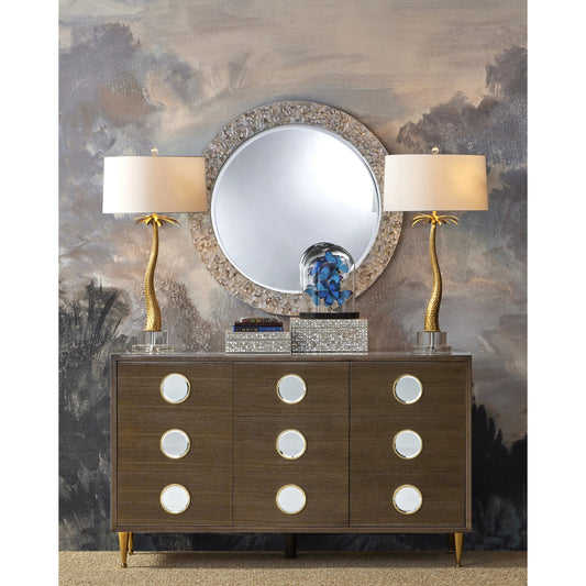 Colette Cabinet by Currey and Company in tawny brown, polished brass, mirror. Made from figured eucalyptus, stainless steel, glass in a modern style.