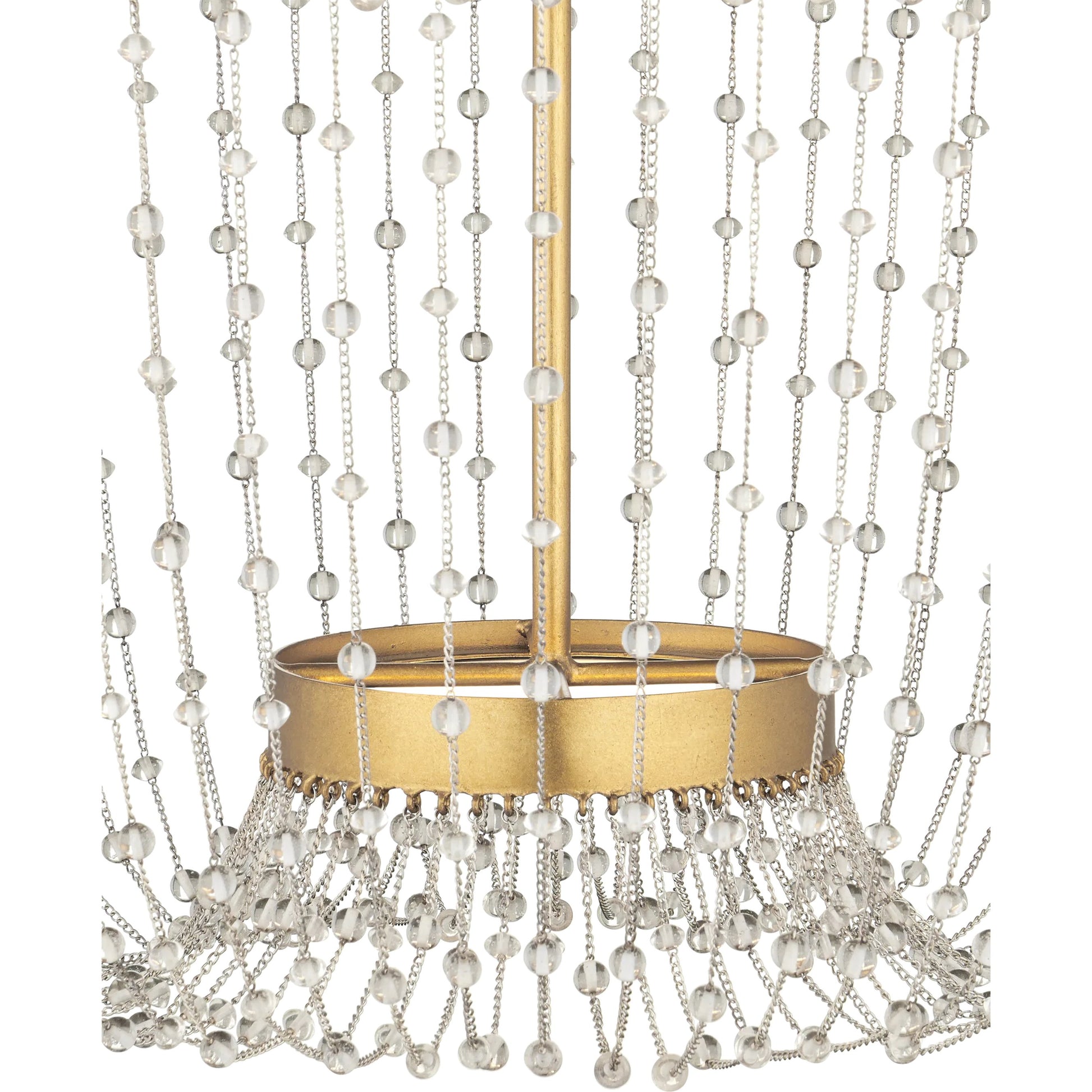 Mademoiselle Chandelier by Currey and Company in contemporary gold leaf, contemporary gold, clear. Made from glass beads, wrought iron in a unique style.