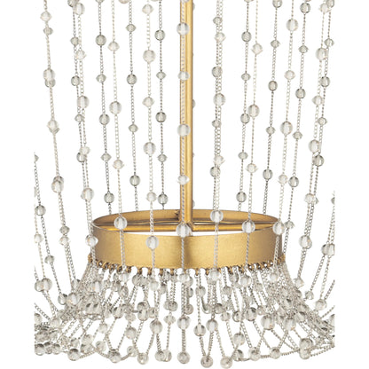 Mademoiselle Chandelier by Currey and Company in contemporary gold leaf, contemporary gold, clear. Made from glass beads, wrought iron in a unique style.
