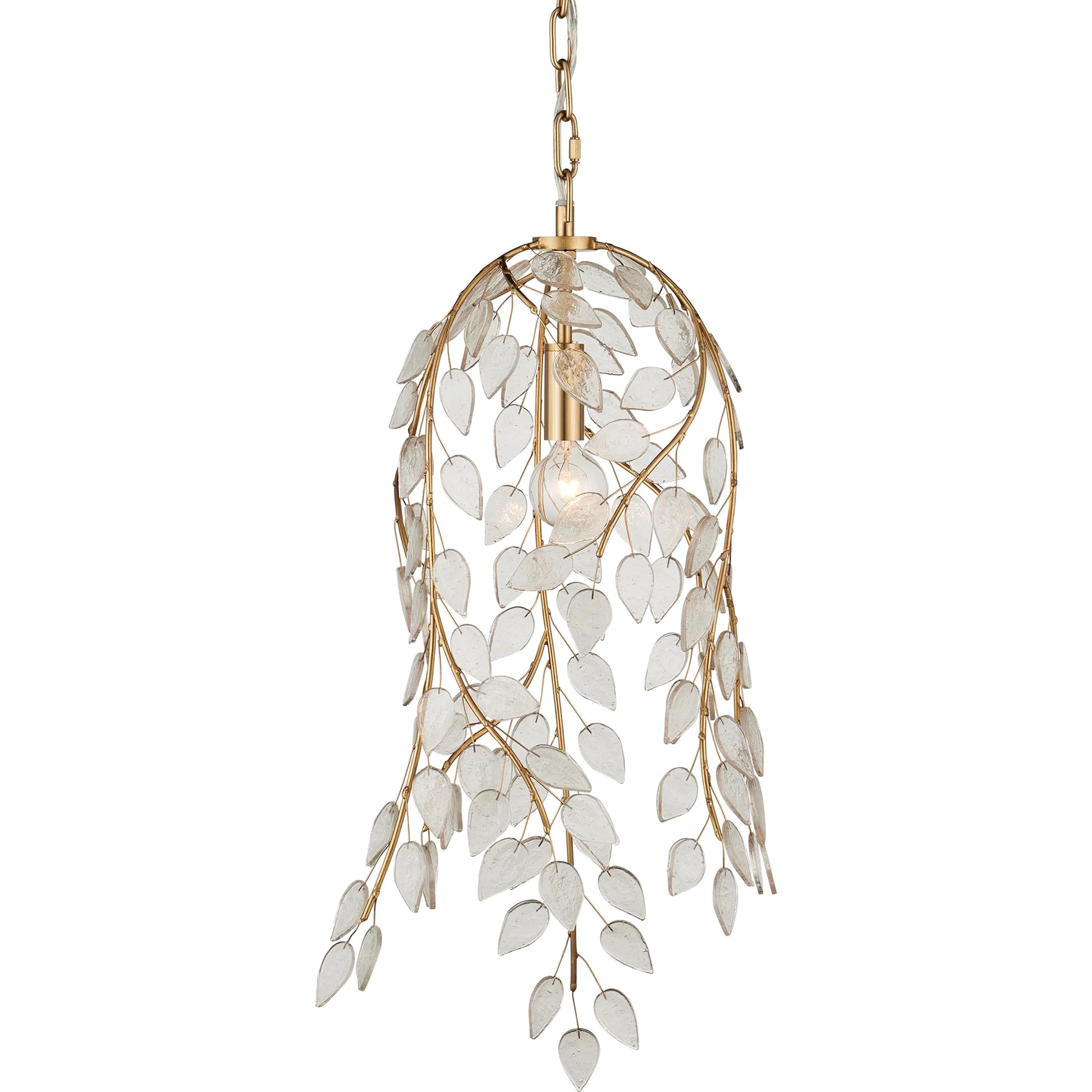 Banyan Pendant by Currey and Company in antique brass, clear. Made from brass, metal, glass in a modern style.