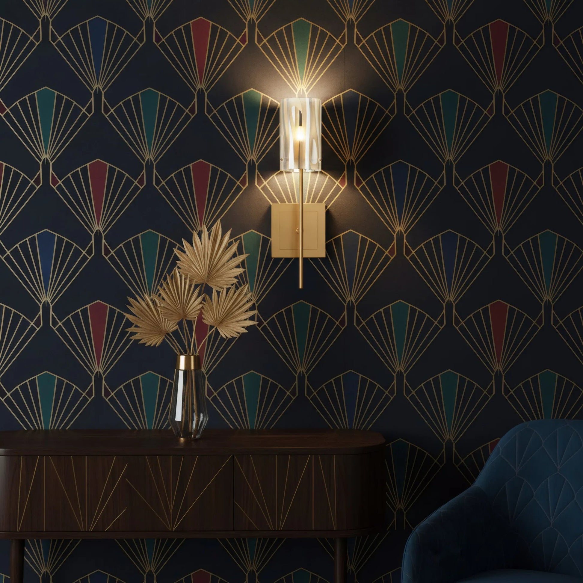 Chroman Empire 1 Light Wall Sconce by Varaluz in gold. Made from steel, glass in a unique style.