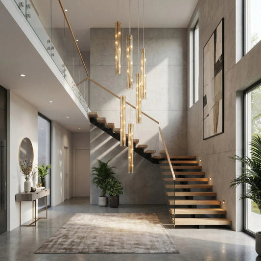 Chroman Empire 5 Light Tall Cylinder Pendant by Varaluz in gold. Made from steel, glass in a unique style.