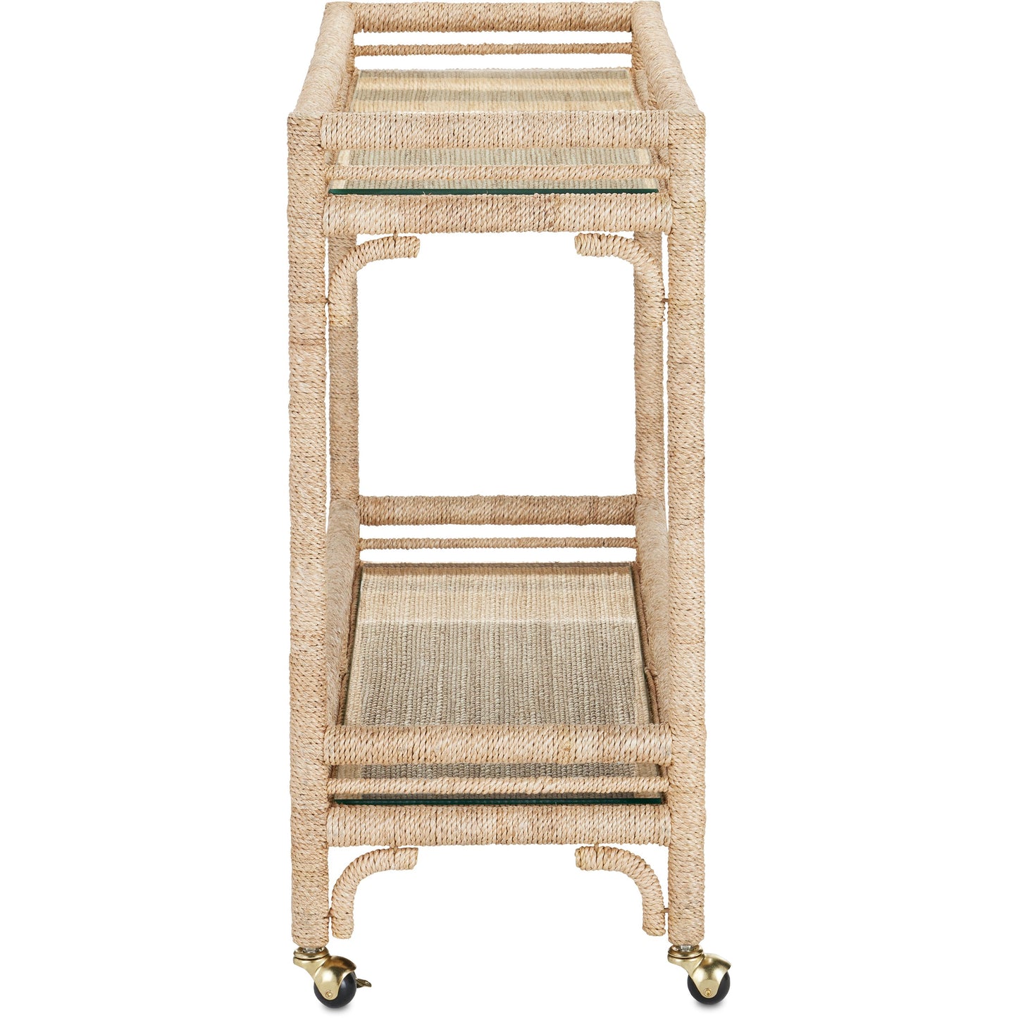 003 SI-1924071 | Additional Silo | Olisa Bar Cart by Currey and Company in natural, clear. Made from abaca rope, wrought iron, glass in a coastal style.