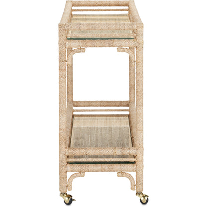 Olisa Bar Cart by Currey and Company in natural, clear. Made from abaca rope, wrought iron, glass in a coastal style.