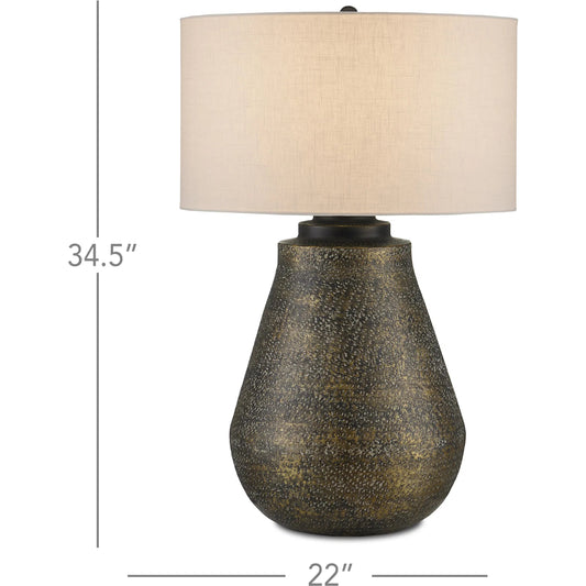Brigadier Table Lamp by Currey and Company in antique brass, black, whitewash. Made from aluminum in a modern style.