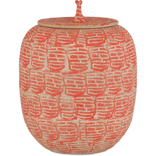 Happiness Preserve Jar by Currey and Company in red, beige. Made from porcelain in a rustic style.
