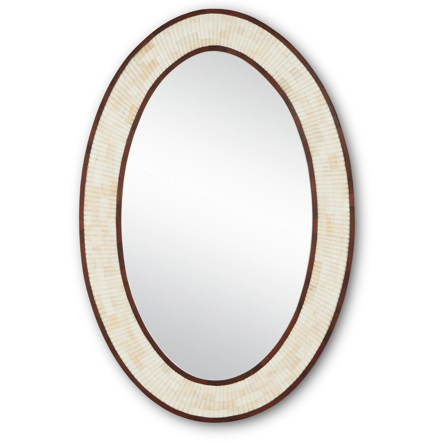 001 SI-1923796 | Primary Silo | Andar Oval Mirror by Currey and Company in natural, dark walnut, mirror. Made from bone, wood, engineered hardwood, glass in a modern style.
