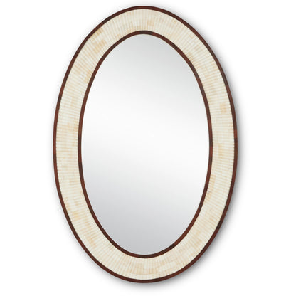 Andar Oval Mirror by Currey and Company in natural, dark walnut, mirror. Made from bone, wood, engineered hardwood, glass in a modern style.