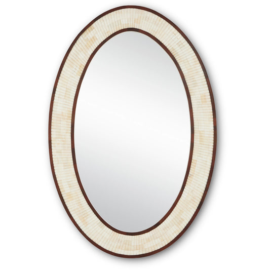Andar Oval Mirror by Currey and Company in natural, dark walnut, mirror. Made from bone, wood, engineered hardwood, glass in a modern style.