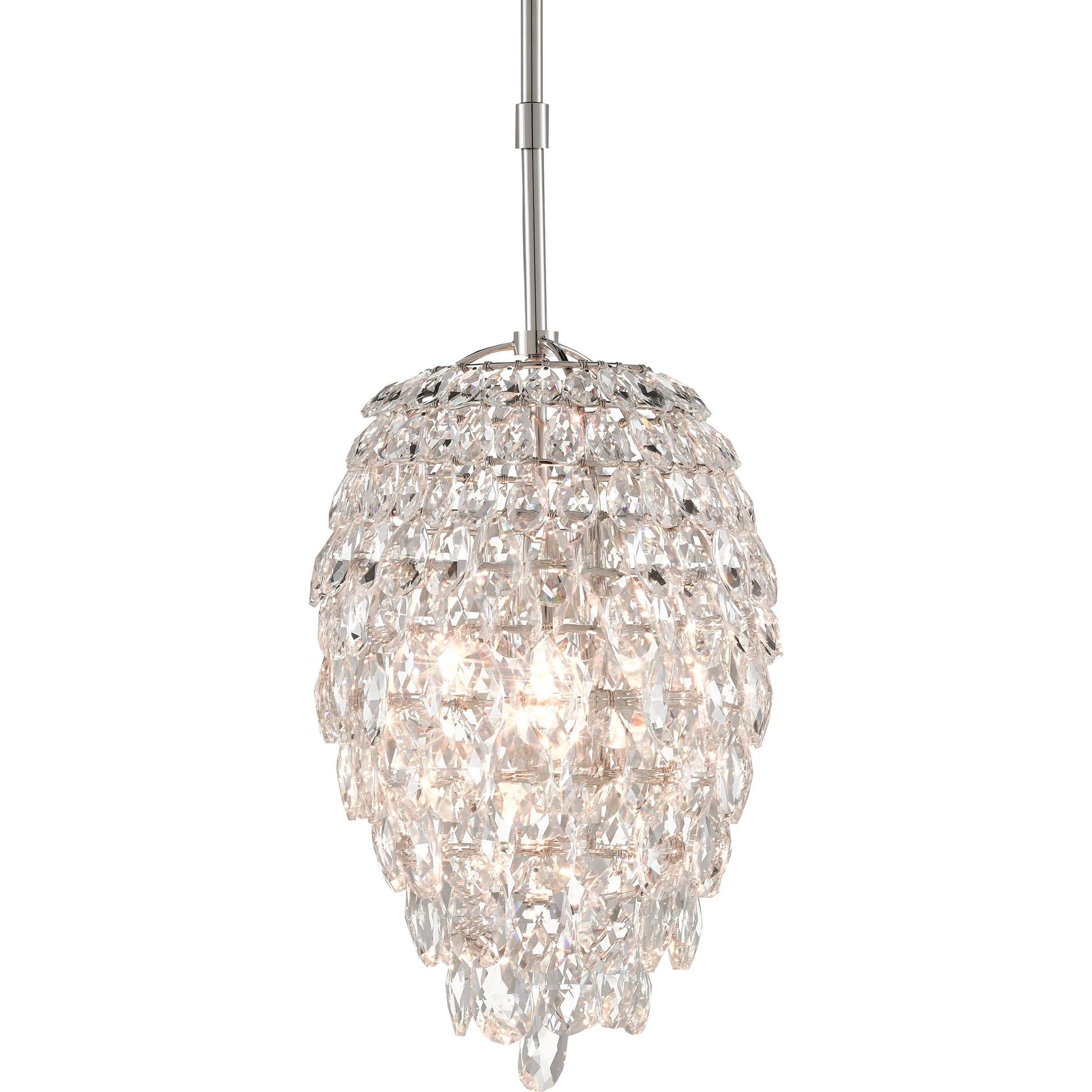 Aisling Pendant by Currey and Company in polished nickel. Made from optical crystal, metal in a transitional style.