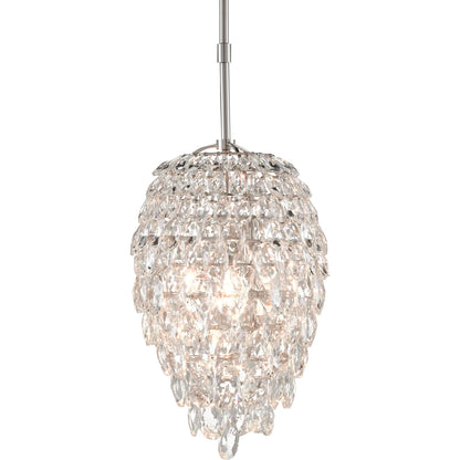 Aisling Pendant by Currey and Company in polished nickel. Made from optical crystal, metal in a transitional style.