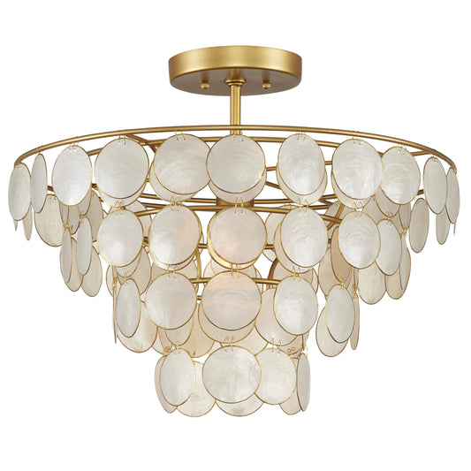 Bon Vivant Semi-Flush Mount by Currey and Company in natural, contemporary gold. Made from capiz shell, wrought iron in a modern style.