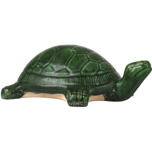 Tang Dynasty Turtle by Currey and Company in antique green, off-white. Made from terracotta in a unique style.
