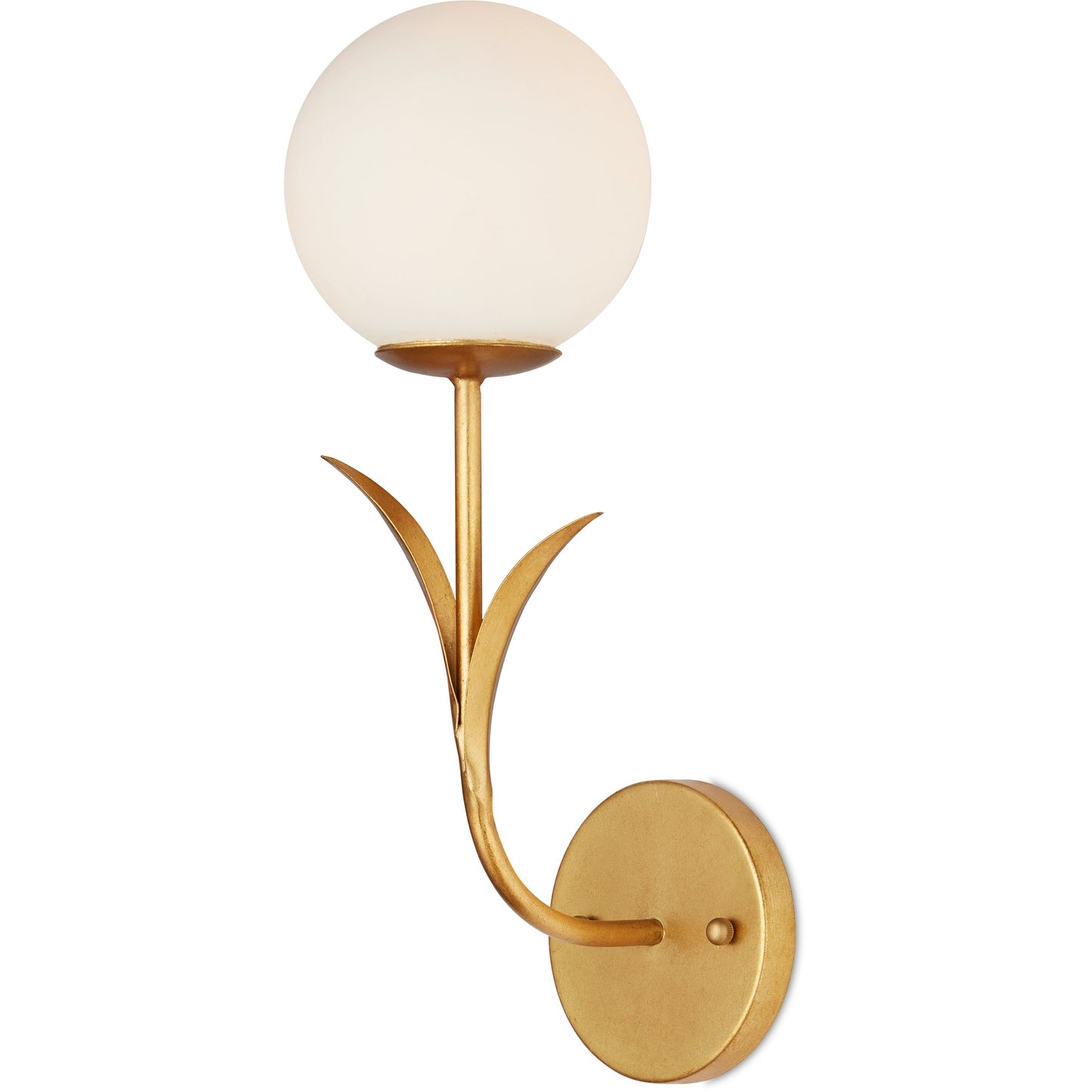 001 SI-2134062 | Primary Silo | Rossville Wall Sconce by Currey and Company in contemporary gold leaf, frosted white. Made from wrought iron, glass in a modern style.
