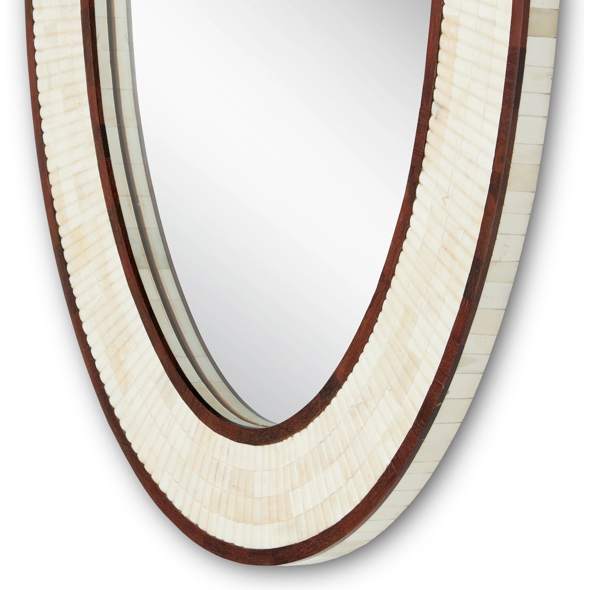 Andar Oval Mirror by Currey and Company in natural, dark walnut, mirror. Made from bone, wood, engineered hardwood, glass in a modern style.