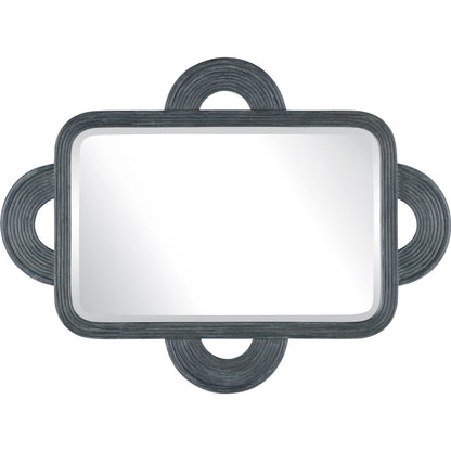 Santos Rectangular Mirror by Currey and Company in navy. Made from rattan, mahogany, glass in a modern style.