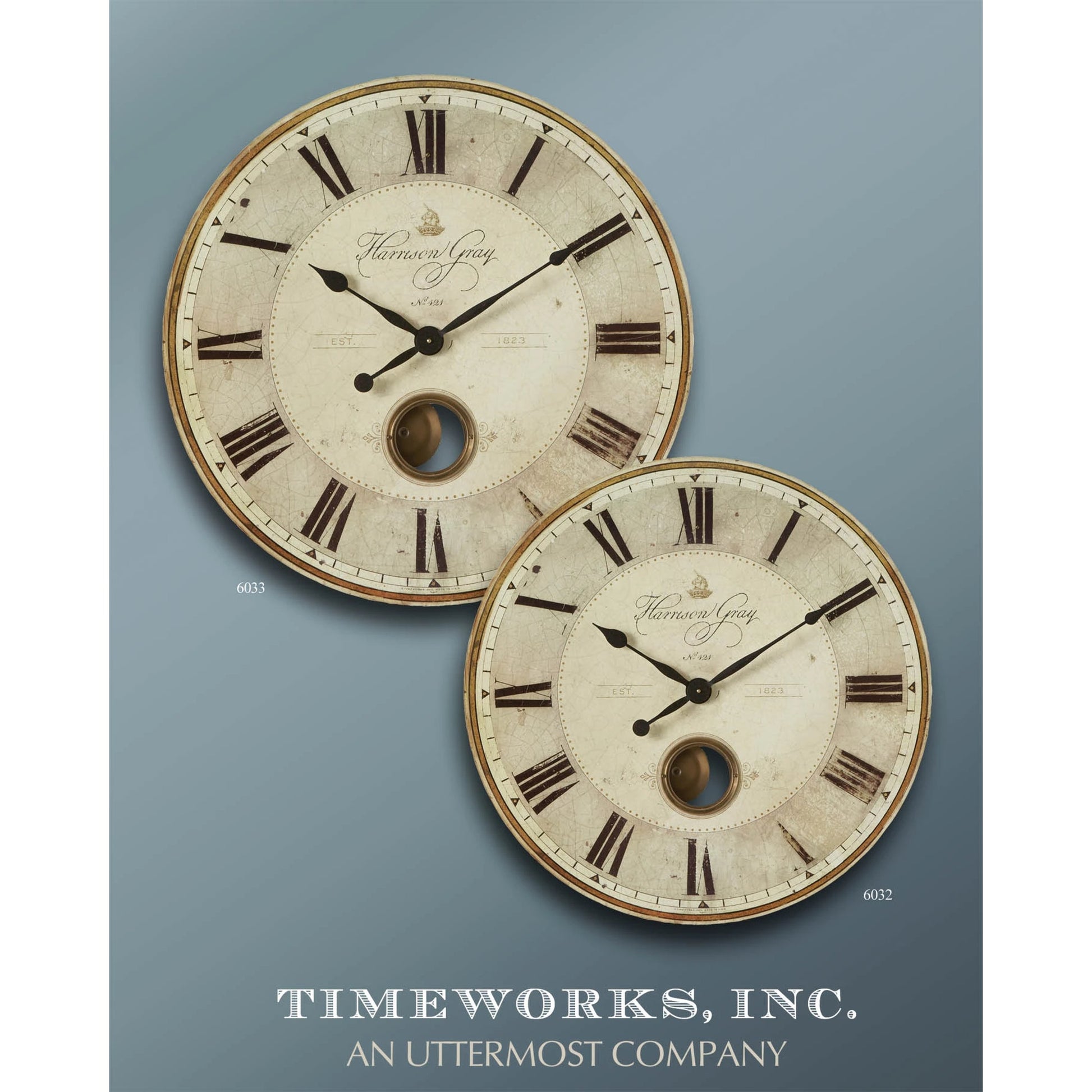 Harrison Clock by Uttermost in gray. Made from mdf, brass, aluminum in a traditional style.