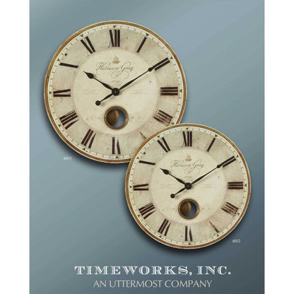 Harrison Clock by Uttermost in gray. Made from mdf, brass, aluminum in a traditional style.