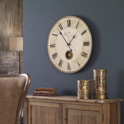 Harrison Clock by Uttermost in gray. Made from mdf, brass, aluminum in a traditional style.