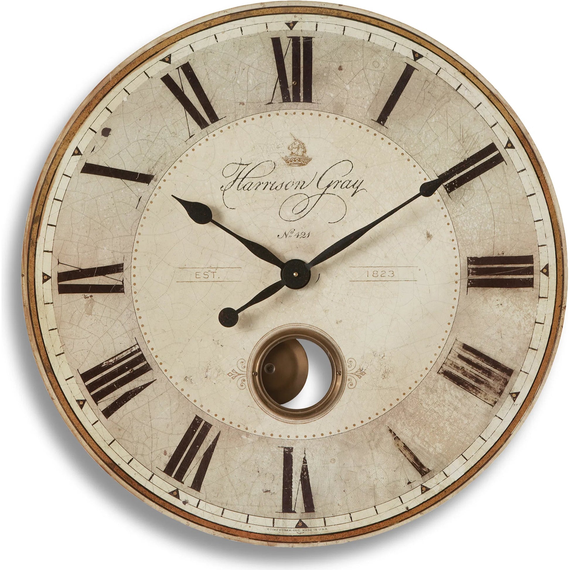 Harrison Clock by Uttermost in gray. Made from mdf, brass, aluminum in a traditional style.